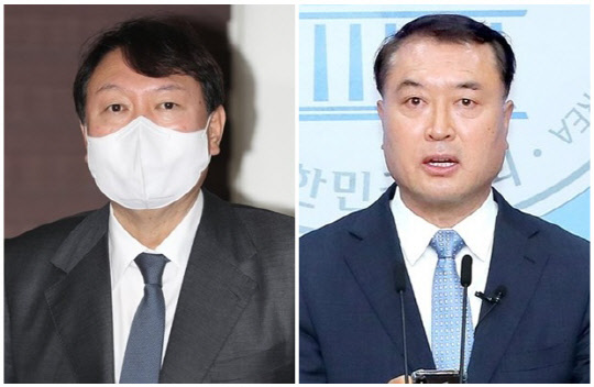 윤석열(왼쪽) 국민의힘 대선 후보와 황희석 열린민주당 최고위원. 연합뉴스